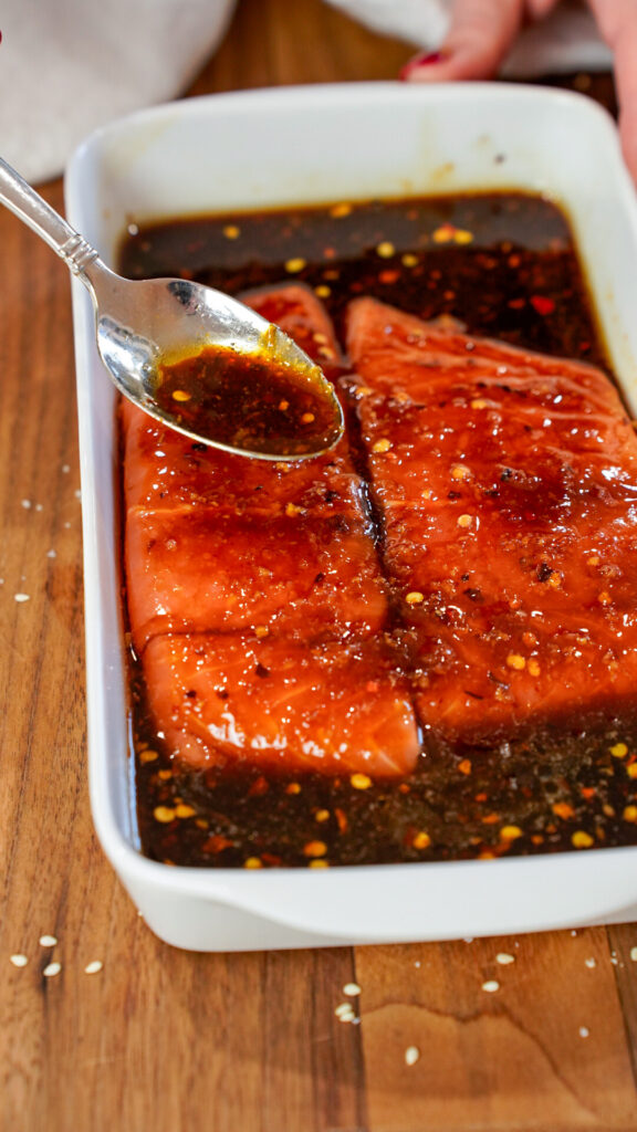 Hot Honey Sriracha Asian Marinade for Salmon in a bowl.