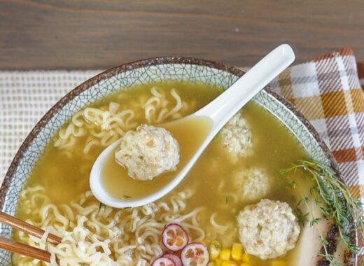 Bowl of soup with leftover stuffing dumplings