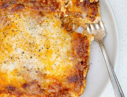 Slice of lasagna with a fork