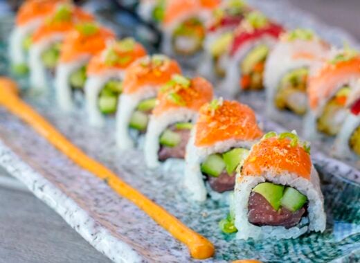 Lines of sushi rolls