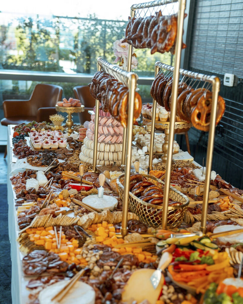 Grazing table with hanging pretzels