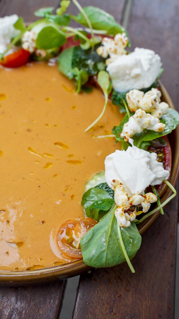 Tomato gazpacho soup at a lake tahoe restaurant.