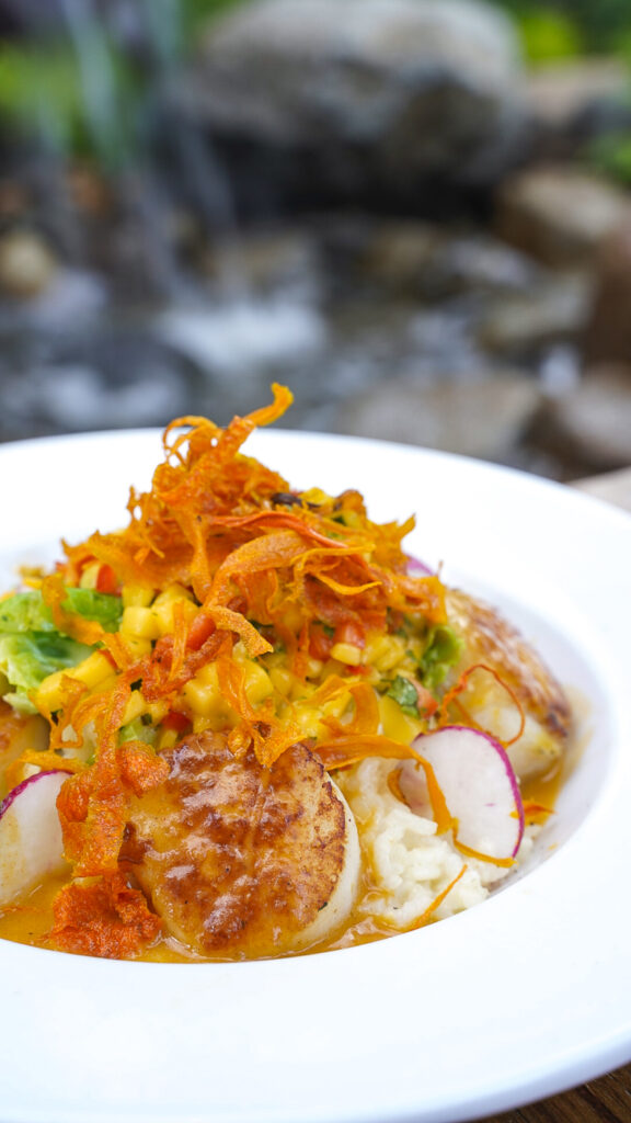 Plate of scallops at a Lake Tahoe patio restaurant.