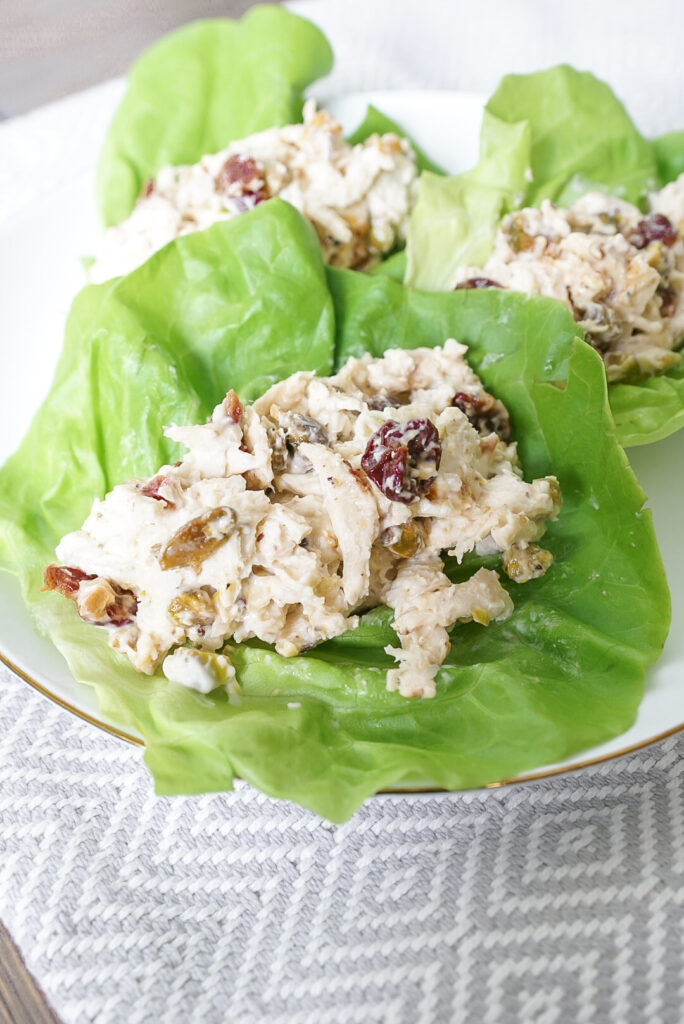 Cherry Pistachio Chicken Salad in Lettuce Cups.