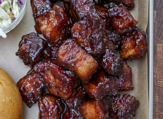 Smoked Pork Belly Burnt Ends On a Tray.