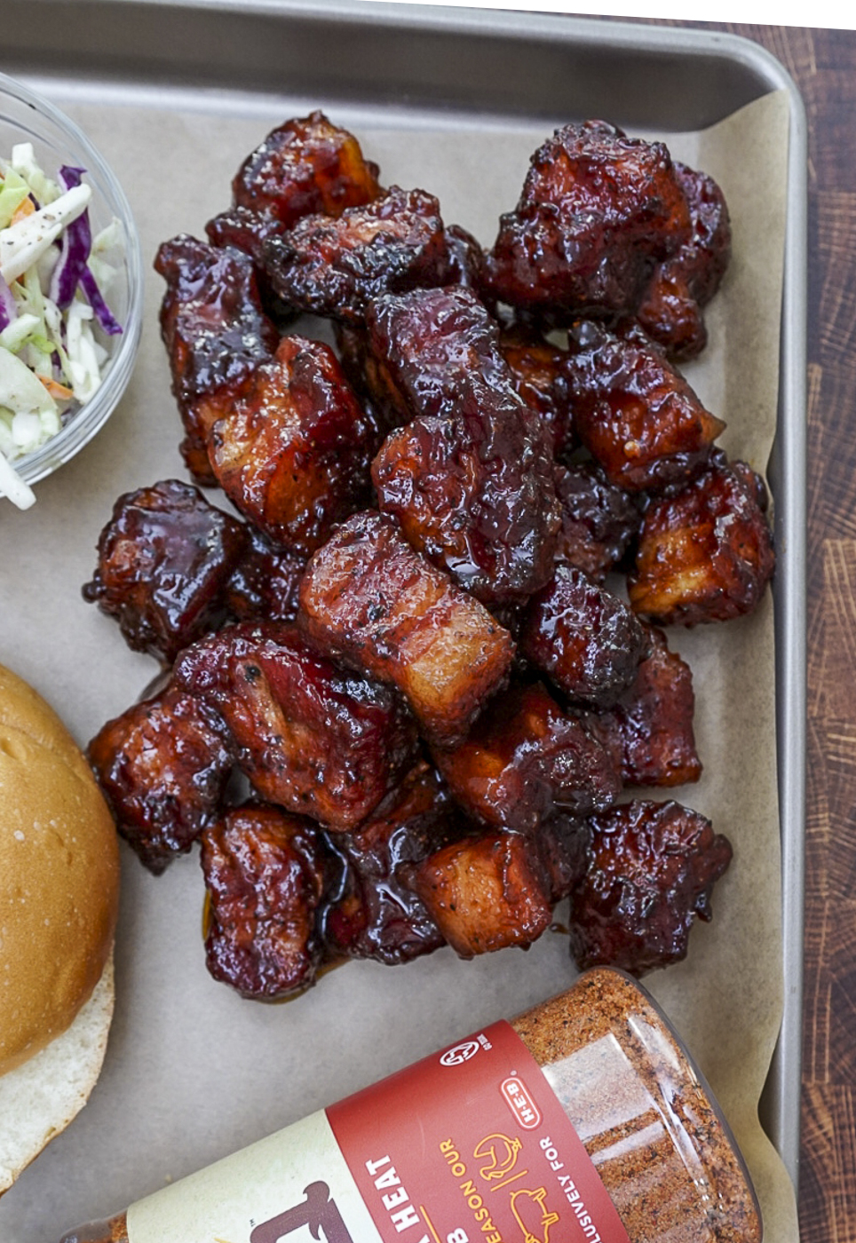 Smoked Pork Belly Burnt Ends On a Tray.