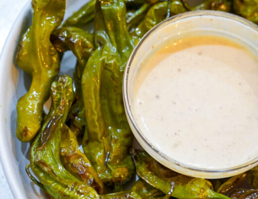 Air Fryer Shishito Peppers with Dipping Sauce.