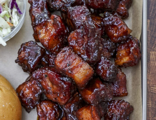 Smoked Pork Belly Burnt Ends On a Tray.
