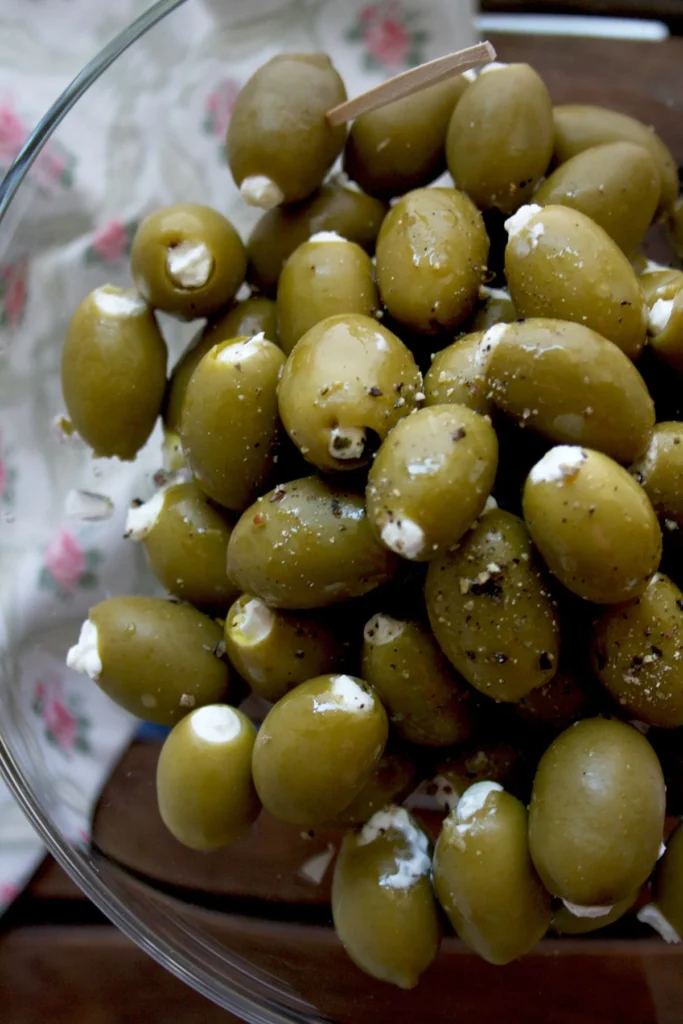 Cream cheese stuffed olives.