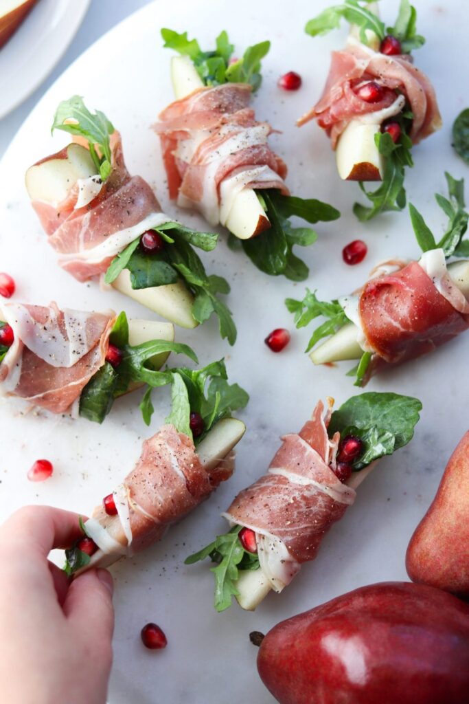 Prosciutto wrapped pears.