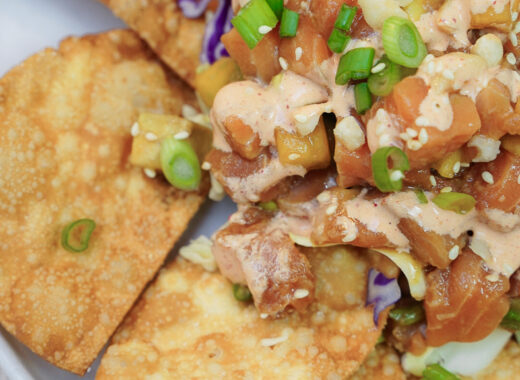 Hawaiian Salmon Poke on Air Fryer Wonton Chips.