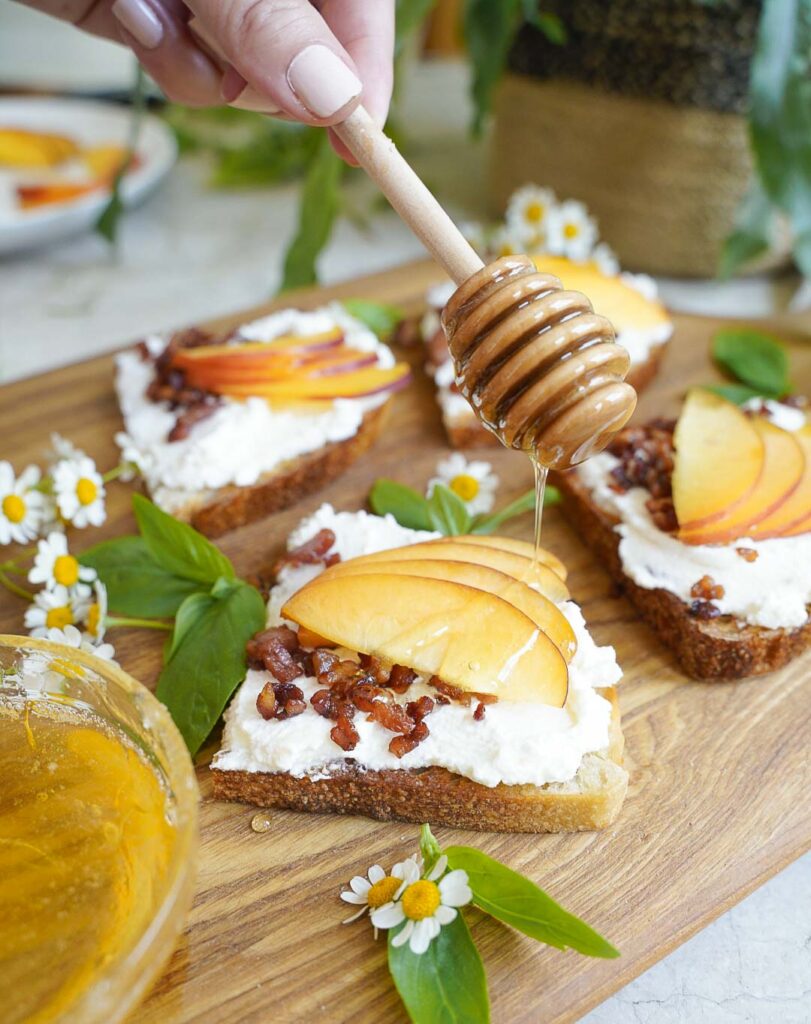 Ricotta Toast with Pancetta and Peaches. 