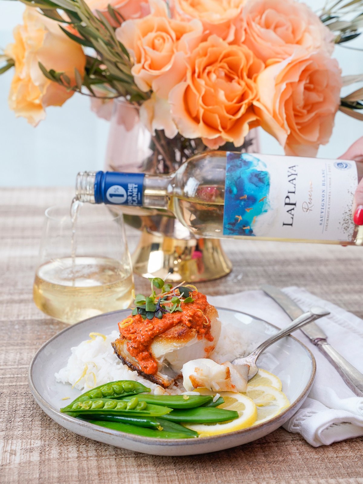 Sauteed Sea Bass with Romesco Sauce Couple in the Kitchen