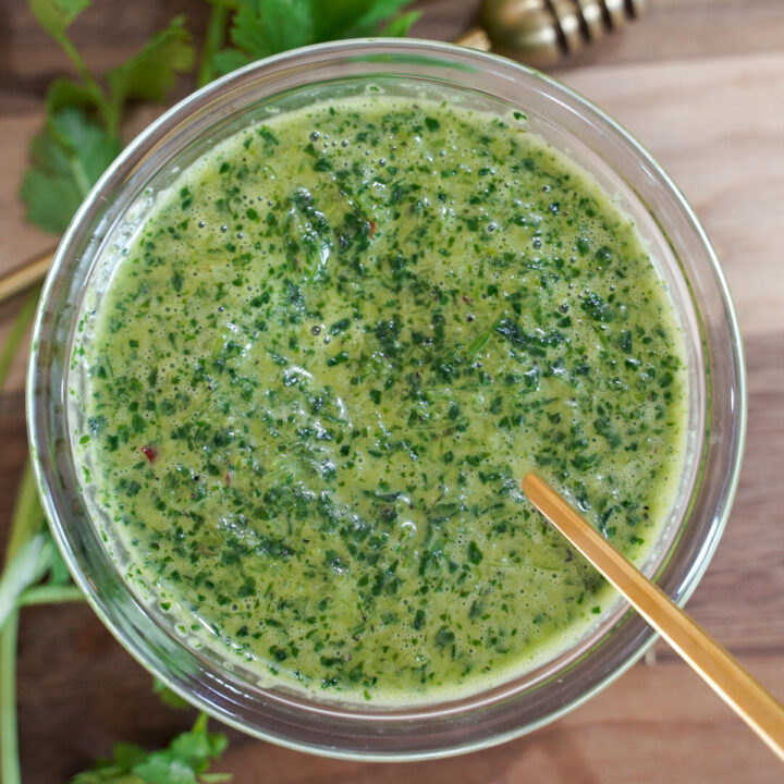 Sweet cilantro sauce in a small bowl.