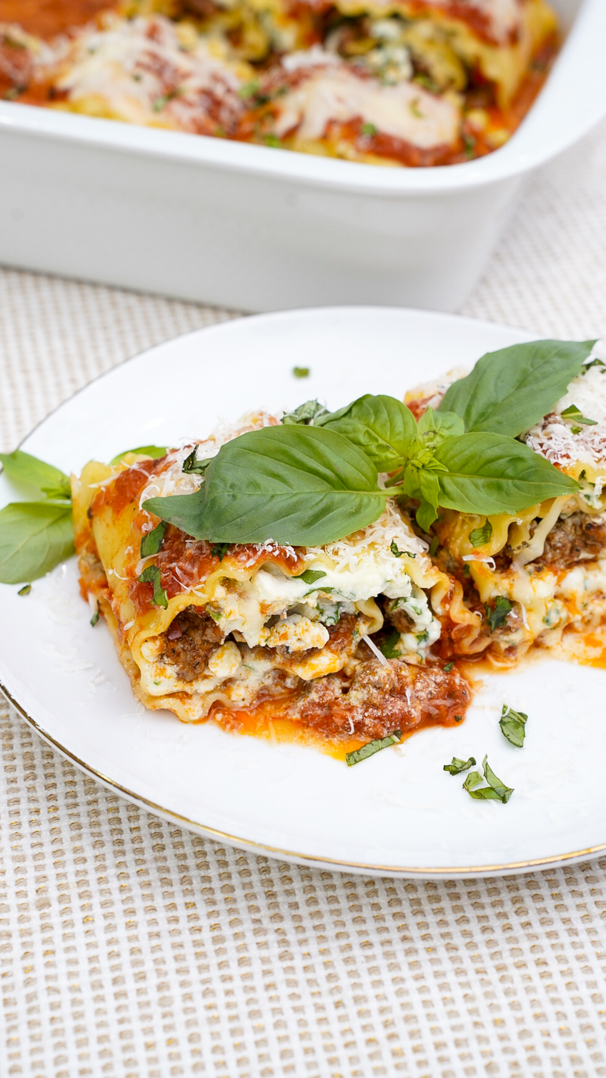 Mediterranean Diet Lasagna with Ground Lamb on a plate.