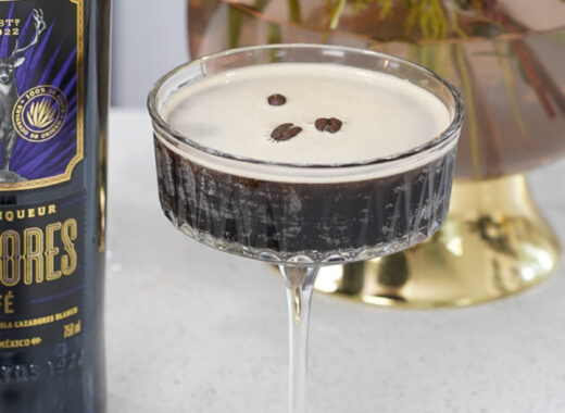 Tequila Espresso Martini with three coffee beans as garnish.