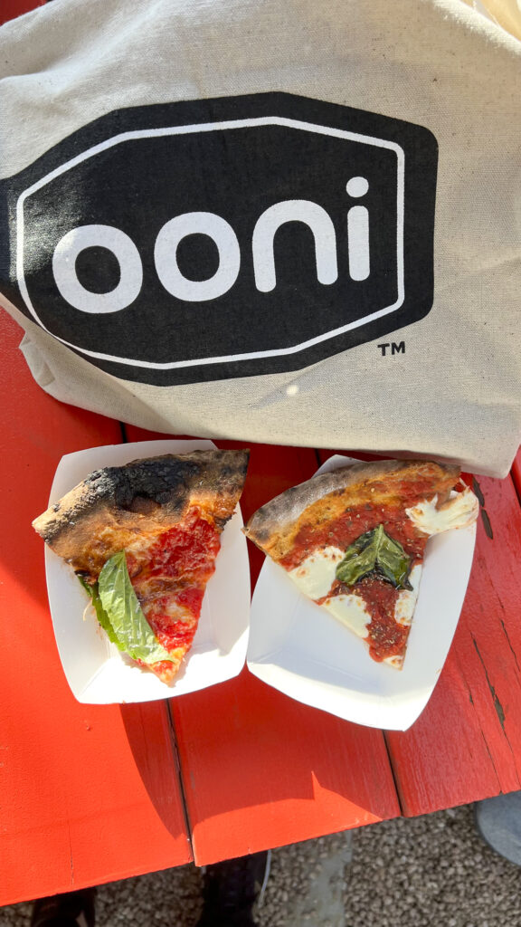 Two slices of pizza from an Ooni pizza oven.