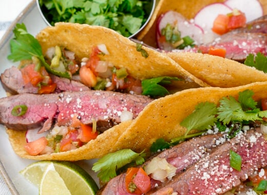 Marinated air fryer flank steak tacos.