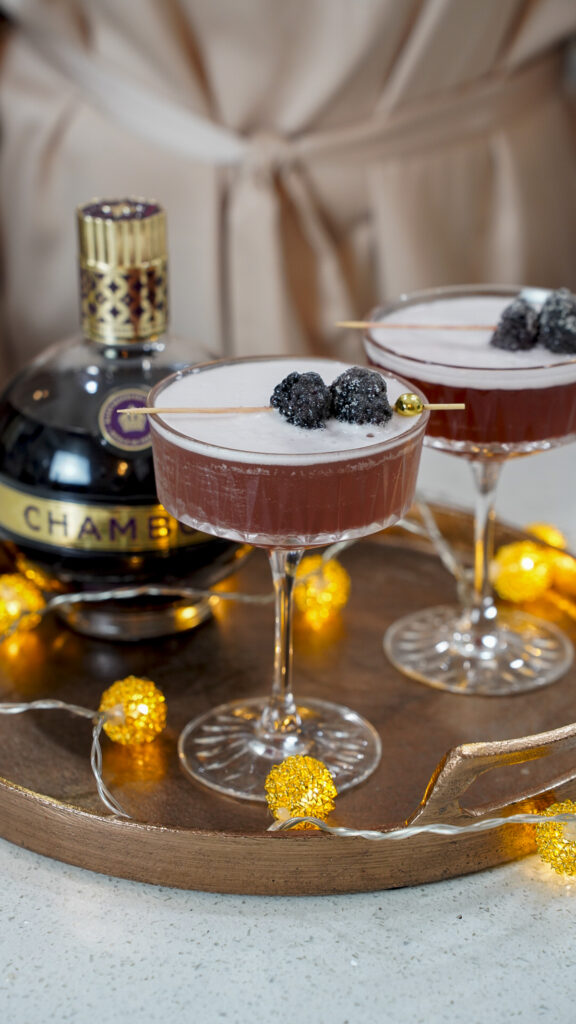 French martini with Chambord on a cocktail tray.