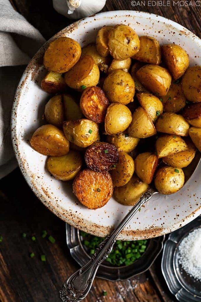 Duck fat roasted potatoes in a bowl.