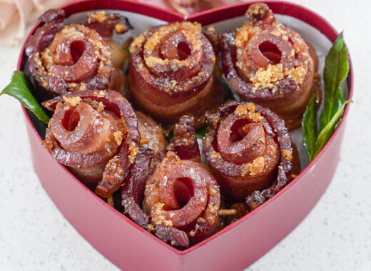 Candied bacon roses in a gift box.