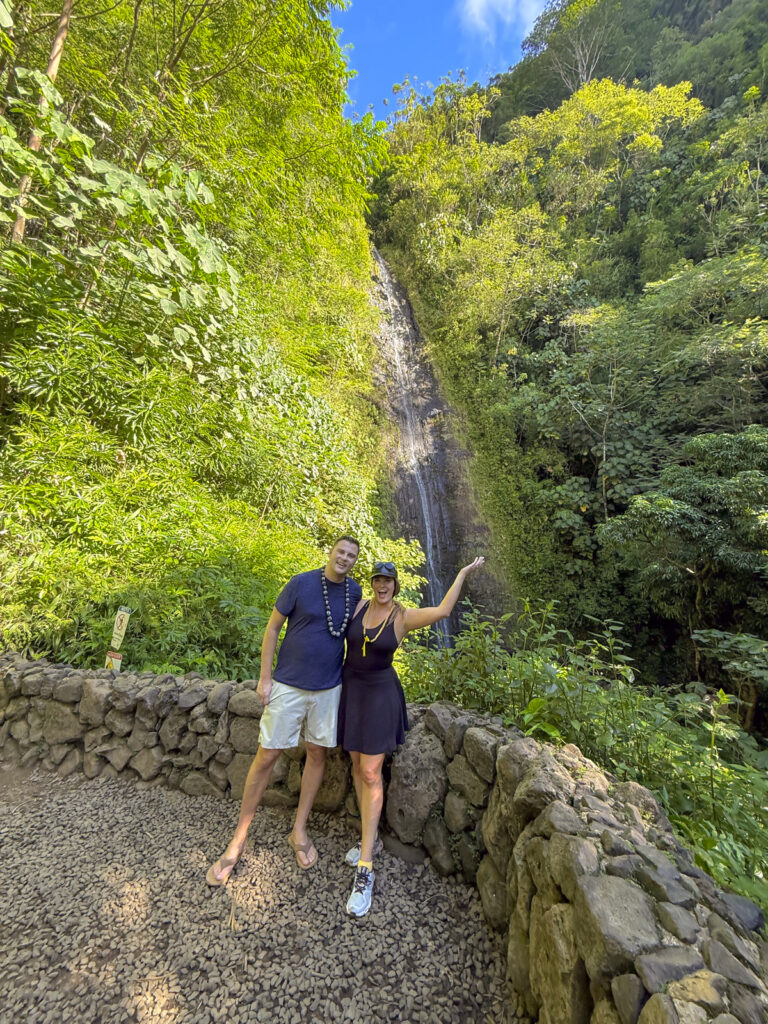Couple at a Manoa Falls hike, one of the best romantic things to do in Oahu, Hawaii.