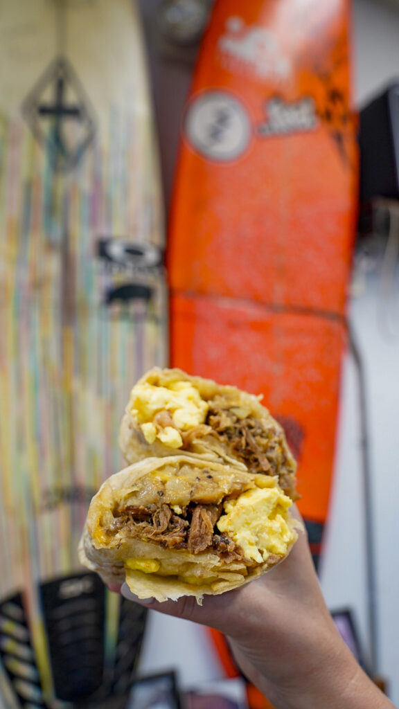 Breakfast burrito with Kaluha pork at Kono's Northshore in Oahu.