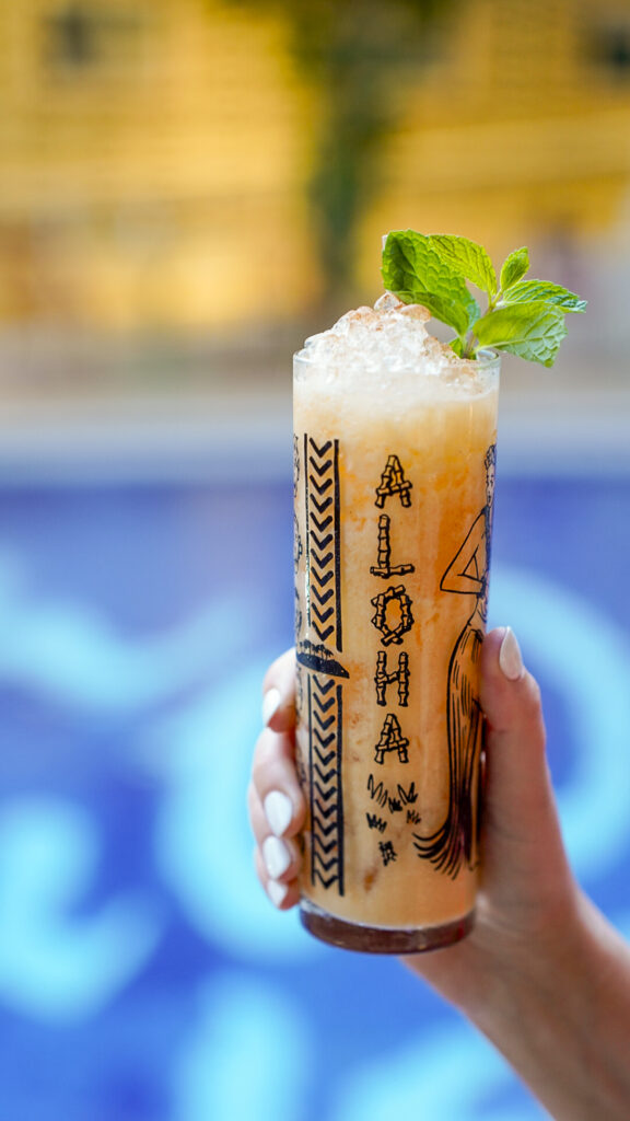 Cocktail in an aloha glass in Oahu, Hawaii.
