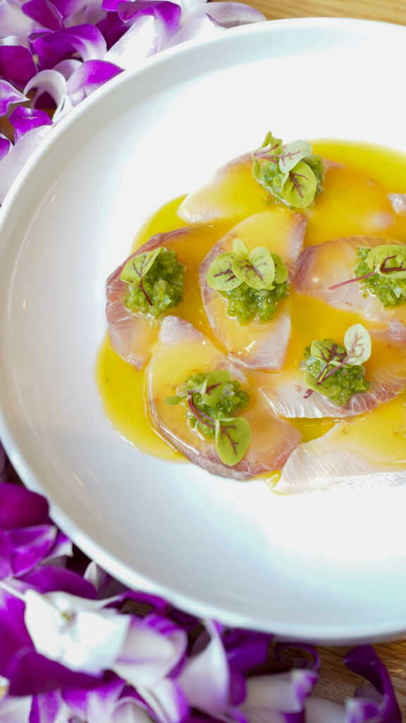 Fish crudo at a romantic restaurant in Oahu, Hawaii.