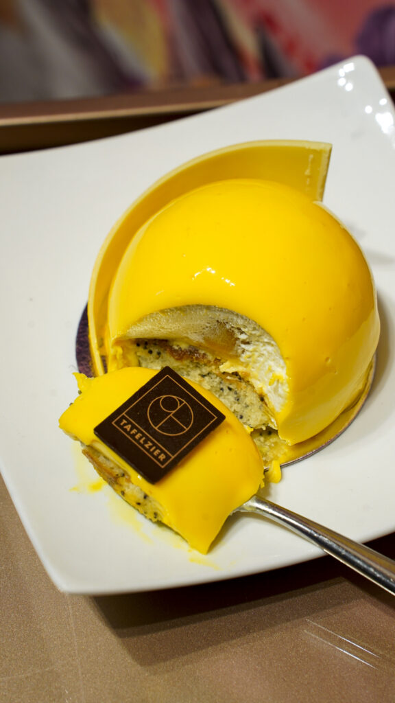 Gourmet dessert on a fork in Nuremberg, Germany.