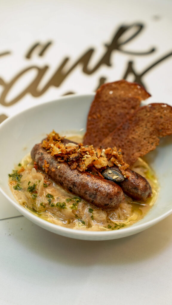 Truffle sausages in a bowl in Nuremberg, Germany.