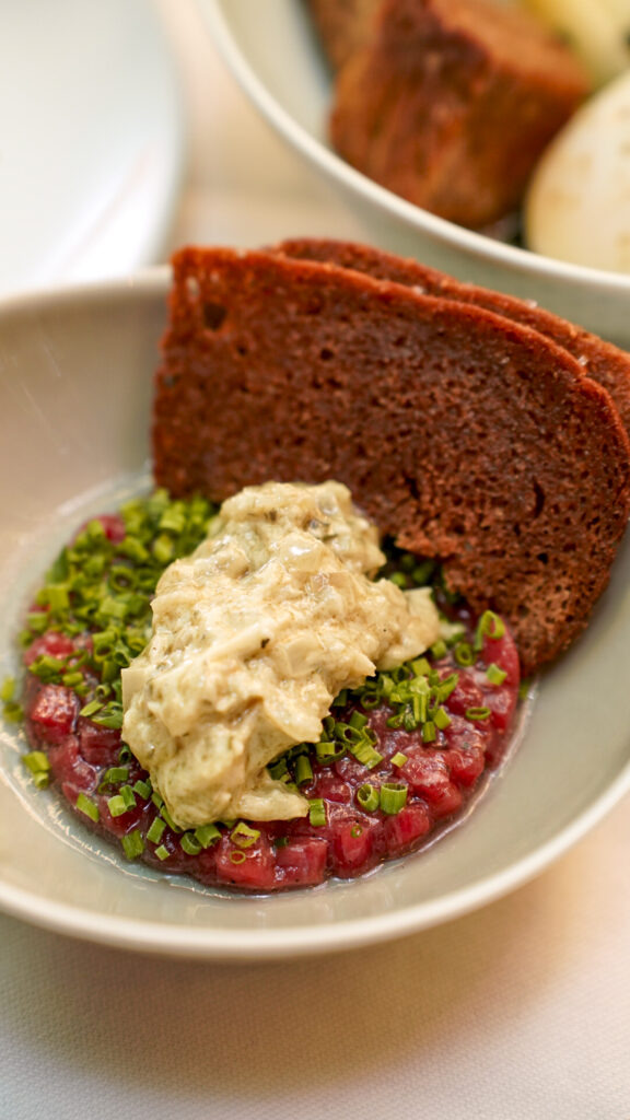 Plate of beef tartare in Nuremberg, Germany.