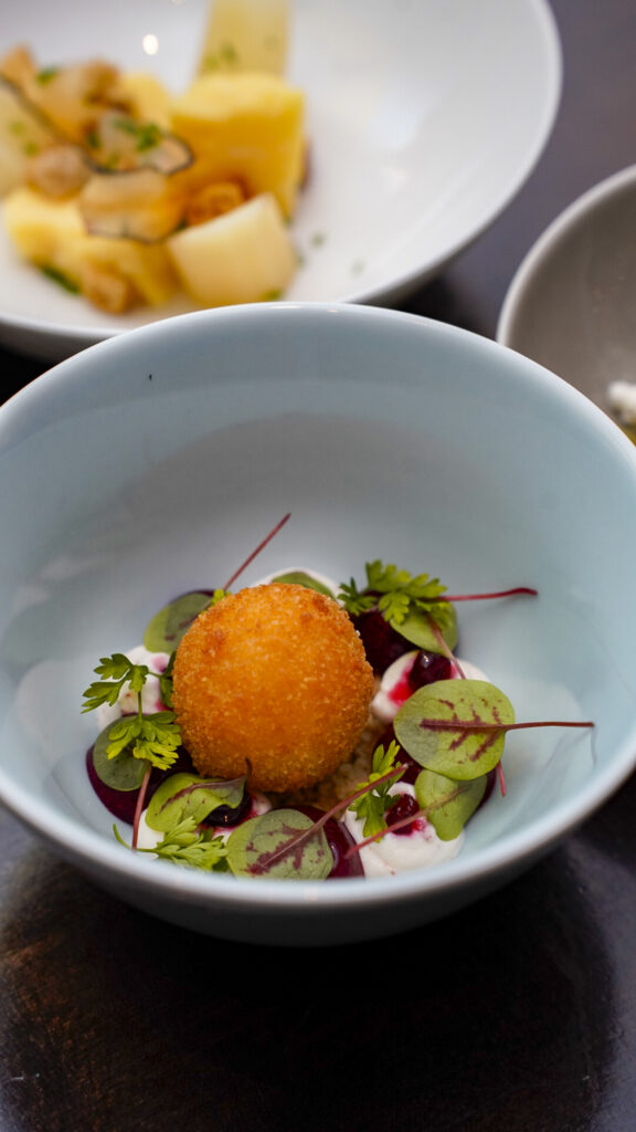 Fried cheese ball at one of the best restaurants near Nuremberg, Germany.