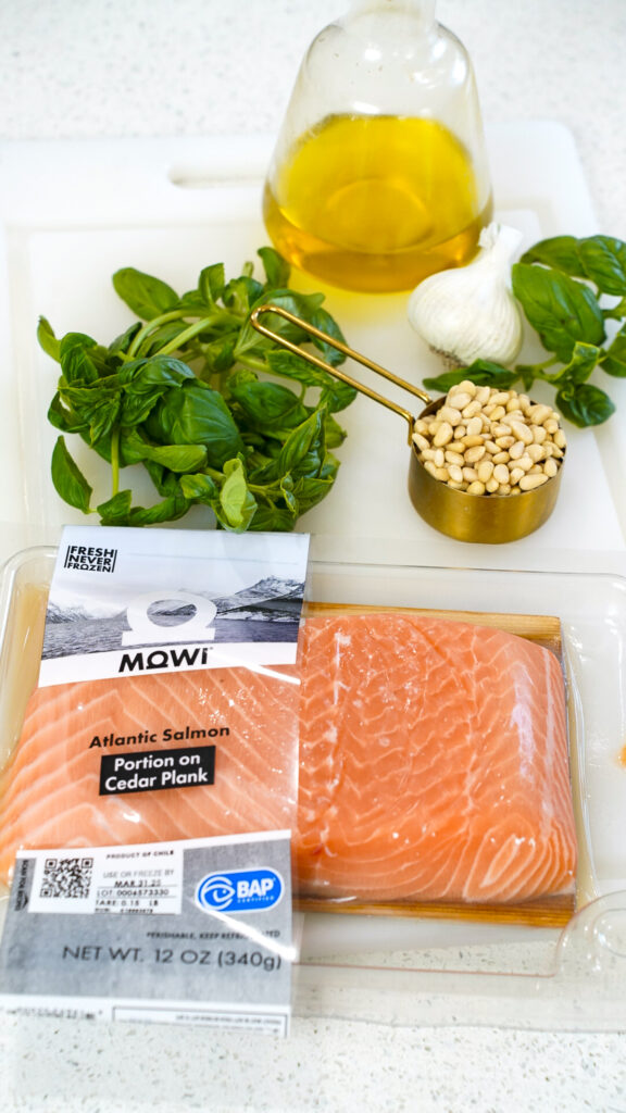 Ingredients for pesto grilled salmon.