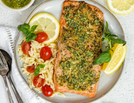 A plate topped with a grilled pesto salmon recipe.