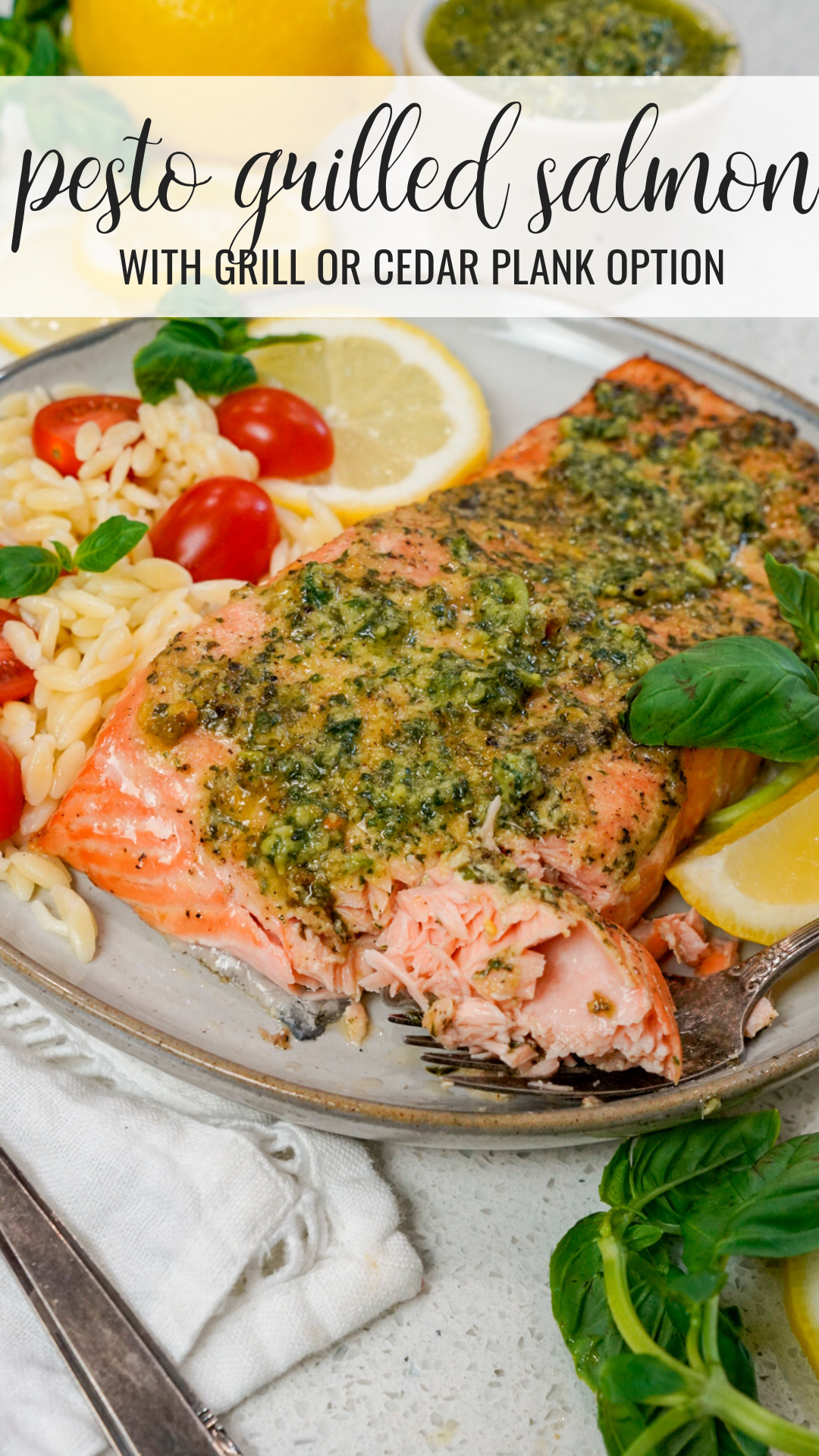 Pesto grilled salmon recipe on a plate with orzo.