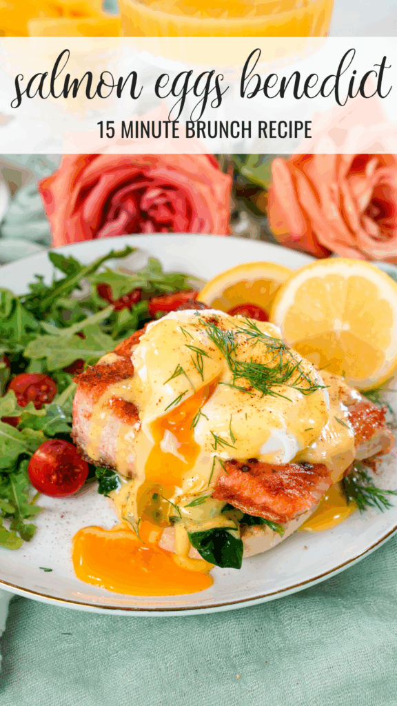 Egg yolk running out of a seared salmon eggs benedict recipe on a plate.
