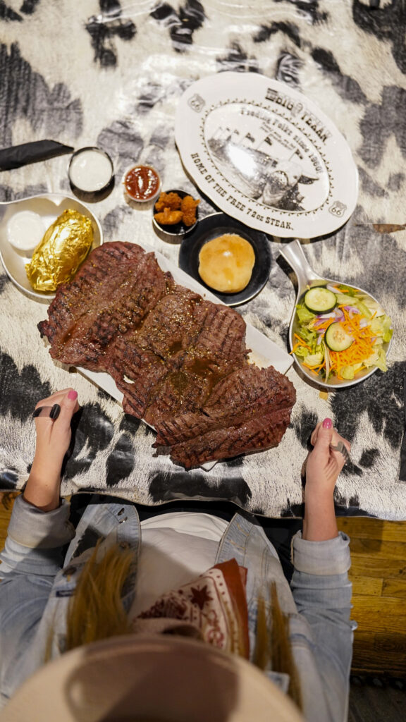 The 72 ounce steak challenge at the Big Texan Steak Ranch in Amarillo, Texas.