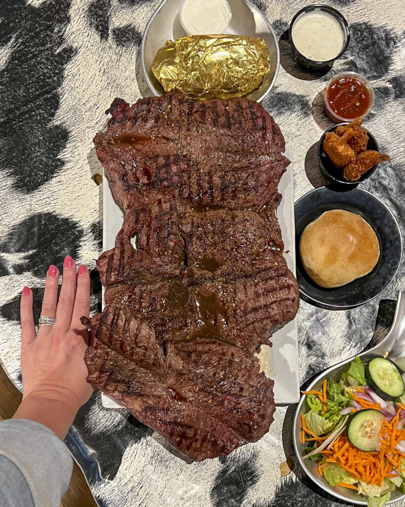 Food from the 72 ounce steak challenge aat the Big Texan Steak Ranch in Amarillo, Texas.