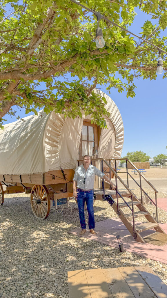 Covered wagon glamping at the Big Texan Steak Ranch in Amarillo, Texas.