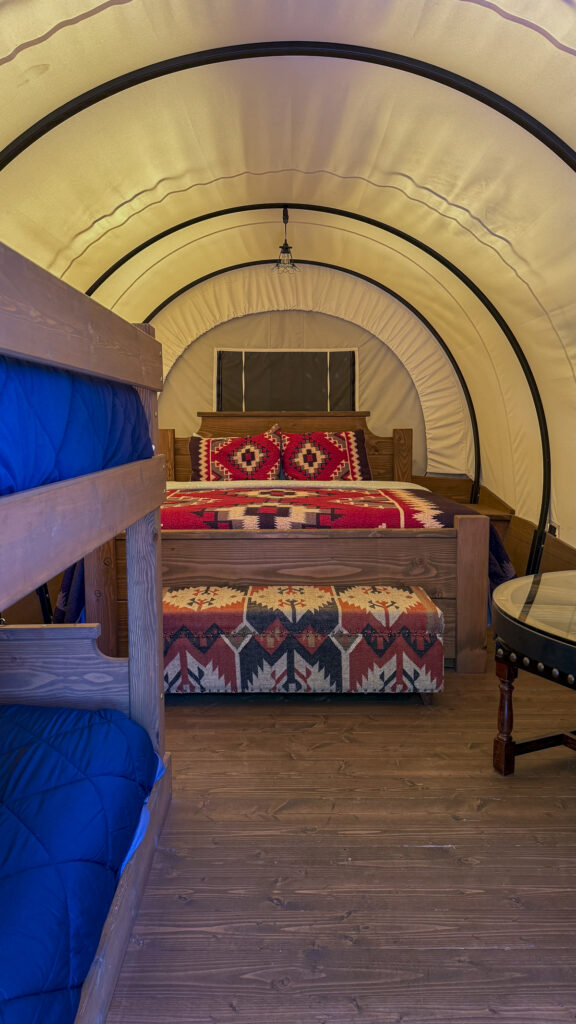 Covered wagon glamping at the Big Texan Steak Ranch in Amarillo, Texas.