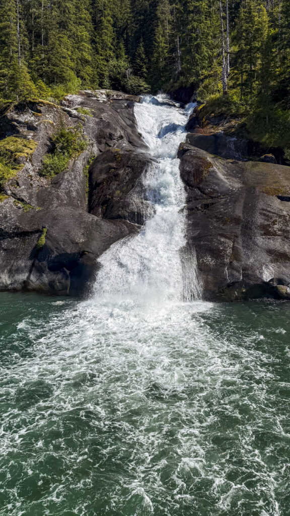 Waterfalls at Tracy Arm Fjord on a tour from Juneau, Alaska.