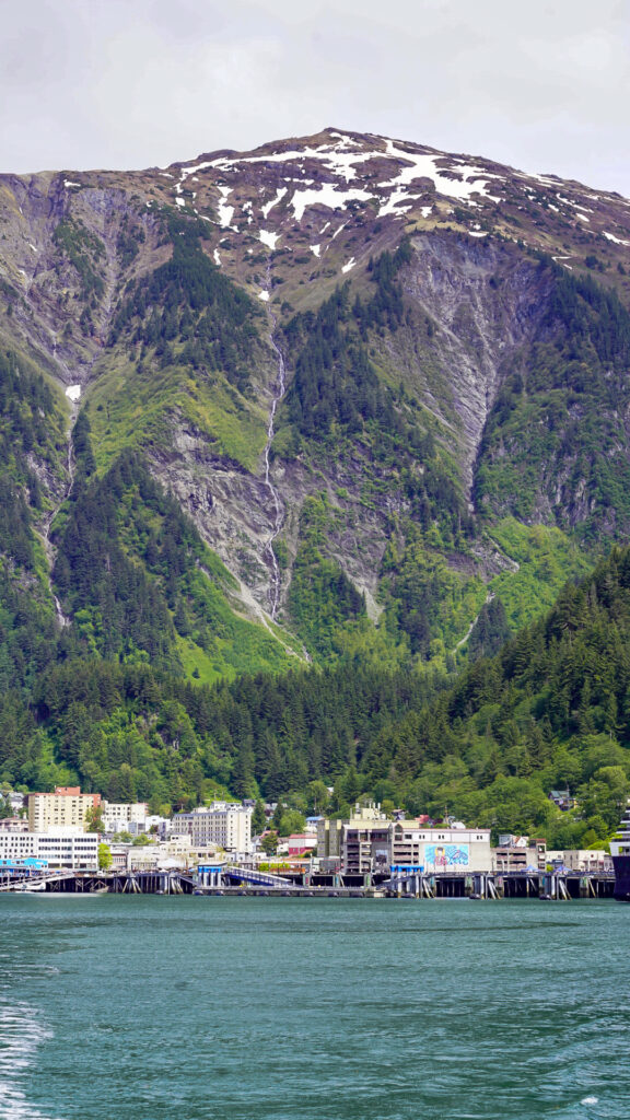 Downtown Juneau under the mountains.