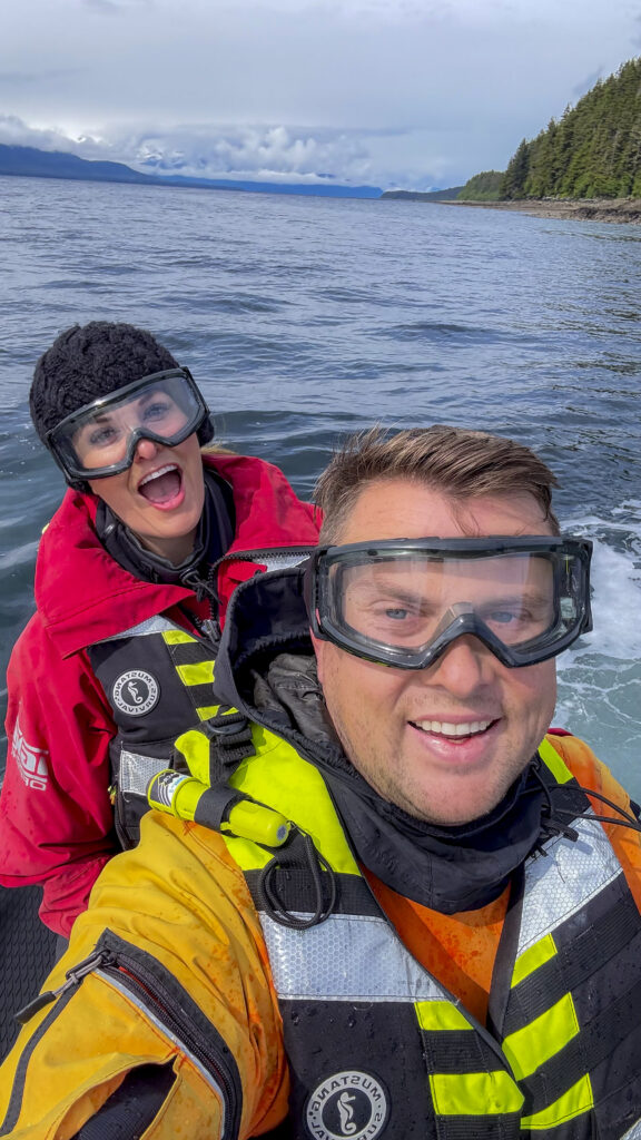 Couple on a jet ski wilderness tour with dangerous waters adventures in Juneau, Alaska.