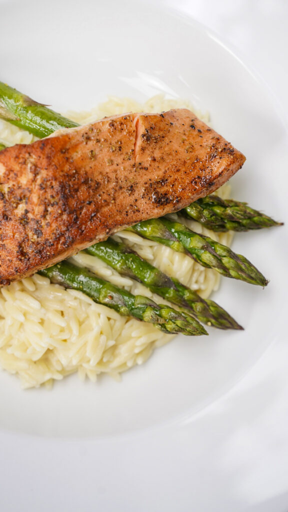 Salmon with asparagus from a cooking class at the Jorgensen House in Juneau, Alaska.