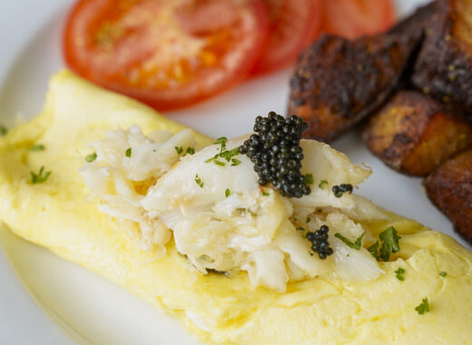 Crab and caviar omelette at the Jorgensen House in Juneau, Alaska.