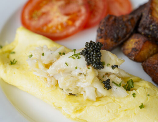 Crab and caviar omelette at the Jorgensen House in Juneau, Alaska.