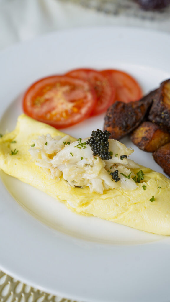 Crab and caviar omelette at the Jorgensen House in Juneau, Alaska.