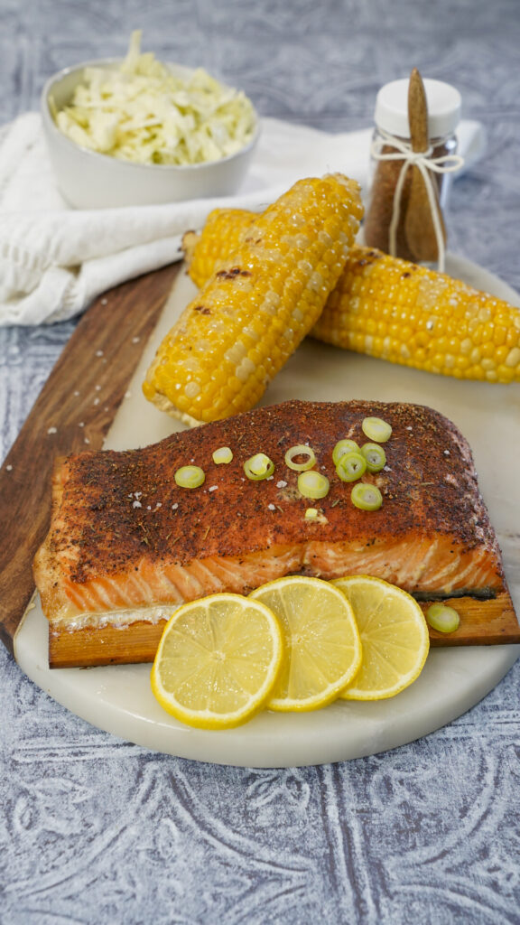 Grilled blackened salmon with corn.