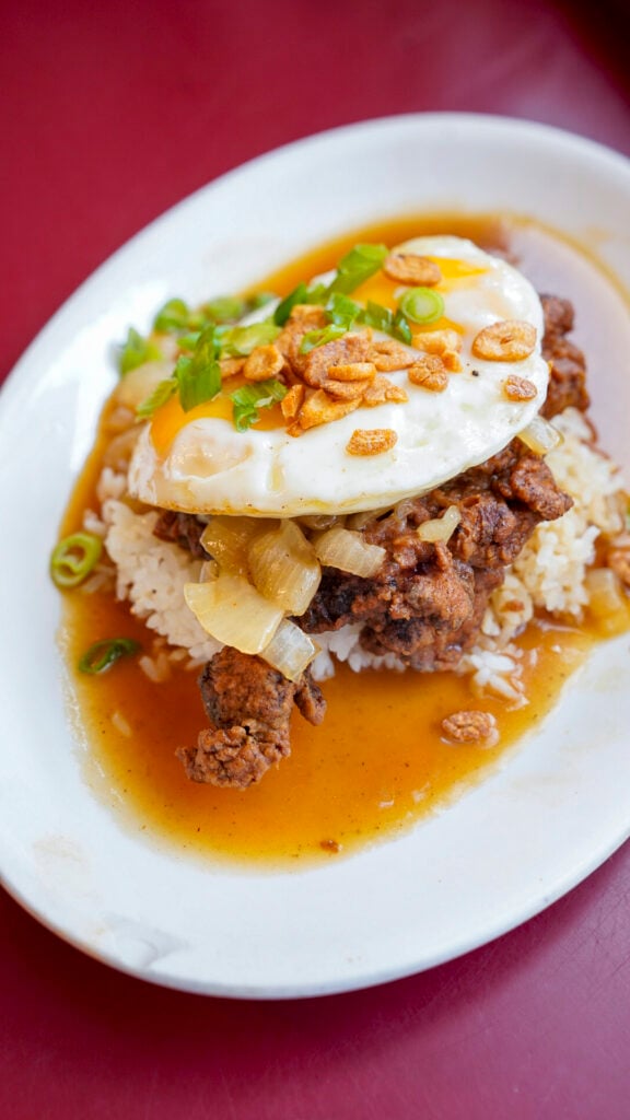 Loco moco with fried chicken from The Rookery Cafe, one of the top restaurants in Juneau Alaska.